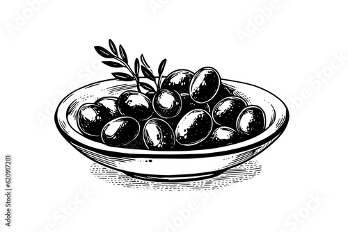 Olive on a plate in engraving style element for poster, collage, banner. Vector illustration.