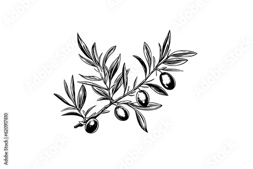 Olive brunch in engraving style element for poster, collage, banner. Vector illustration.