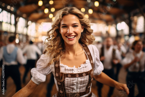 Wallpaper Mural Oktoberfest waitress having fun and dancing at a beer festival event wearing a traditional costume Torontodigital.ca