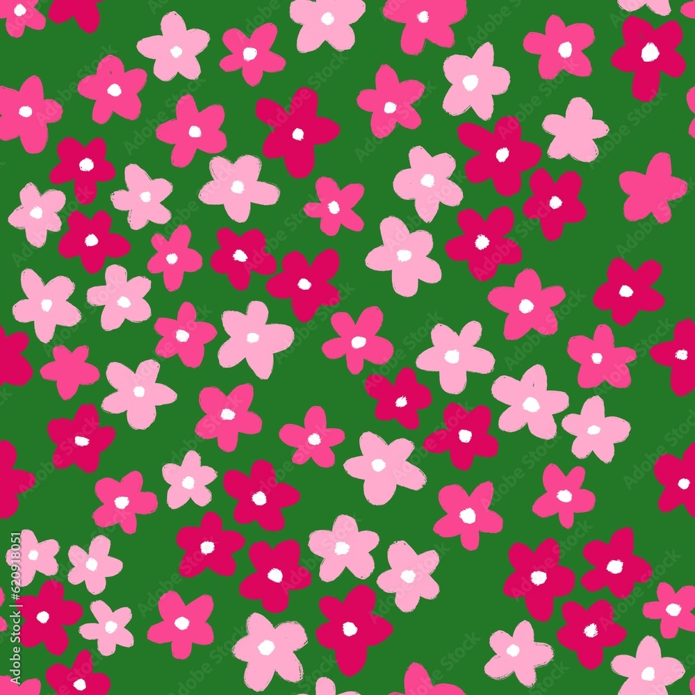 Hand drawn seamless pattern with pink green shabby chic flower floral elements lines dots leaves, ditsy summer spring botanical nature print, bloom blossom stylized petals.