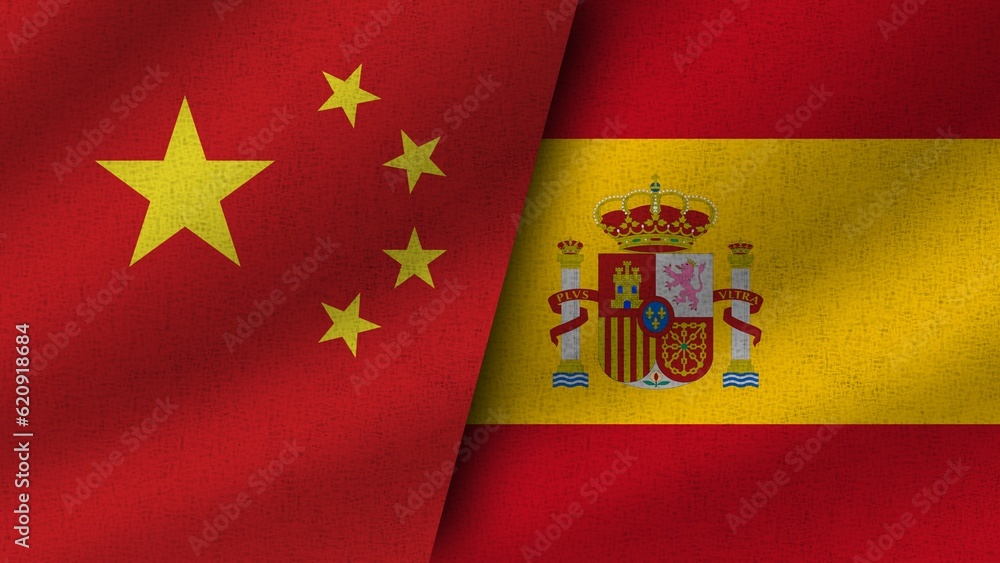 Spain and China Realistic Two Flags Together, 3D Illustration Spain and China Realistic Two Flags Together, 3D Illustration