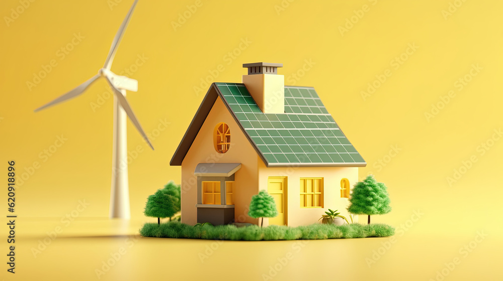 A 3d model of a house. Cute style. Wind turbine. Studio background. Solar panels. Eco friendly technology A 3d model of a house. Cute style. Wind turbine. Studio background. Solar panels. Eco friendly technology