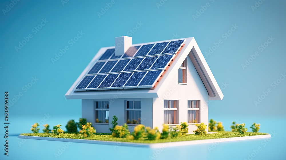 A 3d model of a house. Cute style. Wind turbine. Studio background. Solar panels. Eco friendly technology A 3d model of a house. Cute style. Wind turbine. Studio background. Solar panels. Eco friendly technology