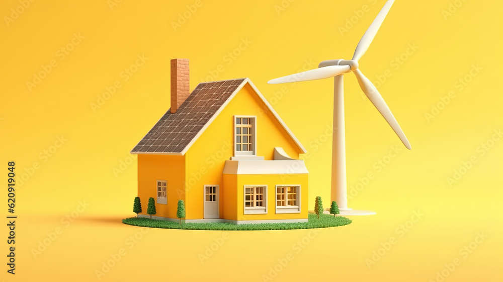 A 3d model of a house. Cute style. Wind turbine. Studio background. Solar panels. Eco friendly technology