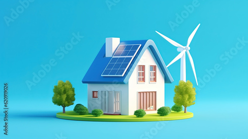 A 3d model of a house. Cute style. Wind turbine. Studio background. Solar panels. Eco friendly technology