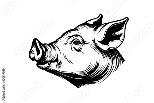 Cute pig or pork head engraving style vector illustration.