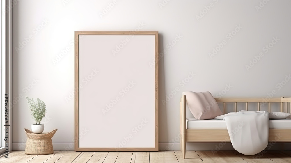 Close-up photo of blank vertical frame leaning against the wall Close-up photo of blank vertical frame leaning against the wall
