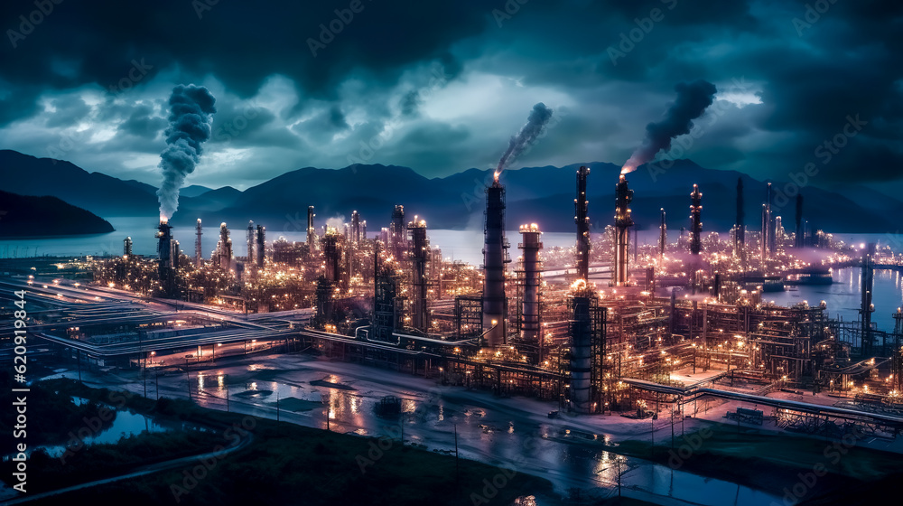 oil refineries and chemical industry at night, processing plants, made with Generative AI