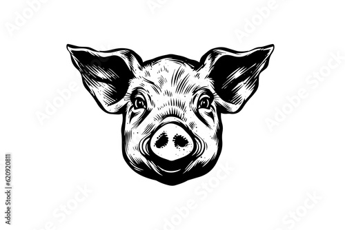 Cute pig or pork head engraving style vector illustration.