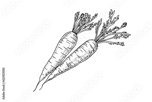 Carrot with tops. Engraving sketch hand drawn vector illustration.