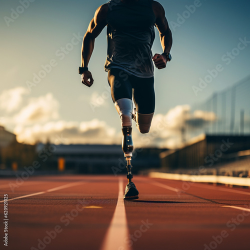 Man with leg prosthesis running. Generative AI.