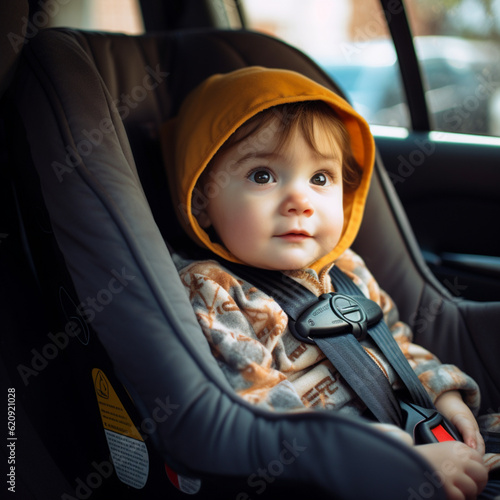 Baby in his baby seat in the car. Generative AI. photo