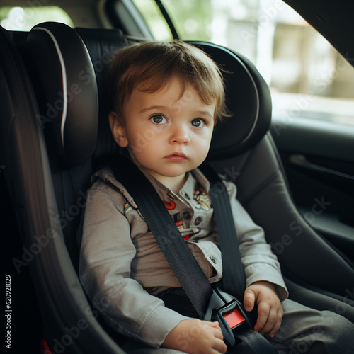 Baby in his baby seat in the car. Generative AI. photo