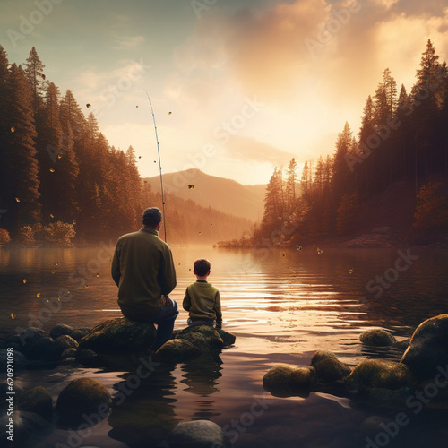 Father and son fishing in the river. Generative AI.