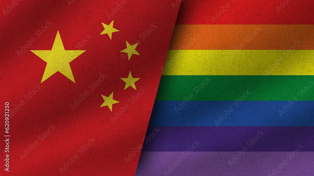LGBT Pride and China Realistic Two Flags Together, 3D Illustration LGBT Pride and China Realistic Two Flags Together, 3D Illustration