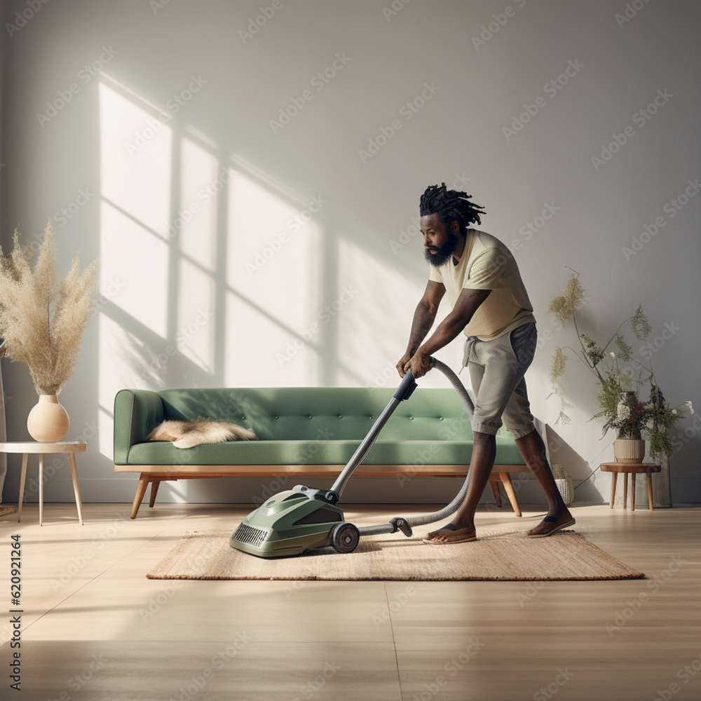 Fototapeta premium Man vacuuming his house. Generative AI.