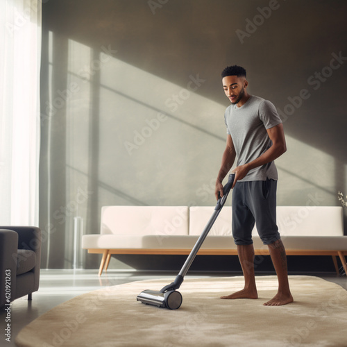 Man vacuuming his house. Generative AI.