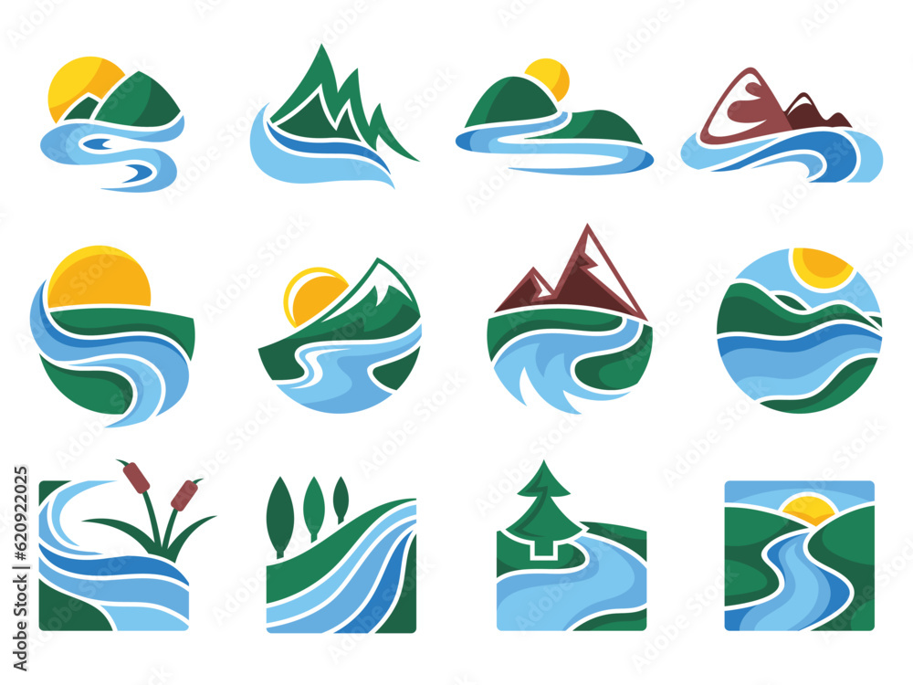 Rivers emblem. Flowing water streams, nature landscape icons and mountain river vector illustration set