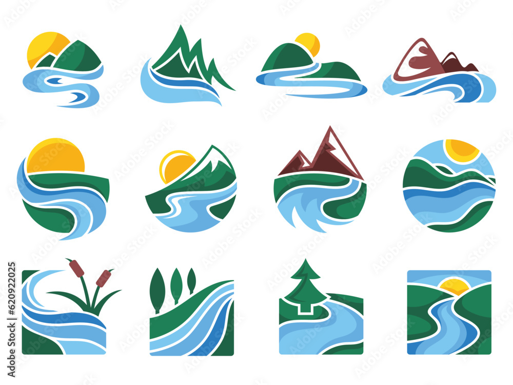 Obraz premium Rivers emblem. Flowing water streams, nature landscape icons and mountain river vector illustration set