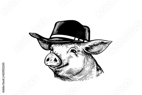 Cute pig or pork in hat head engraving logotype style vector illustration.