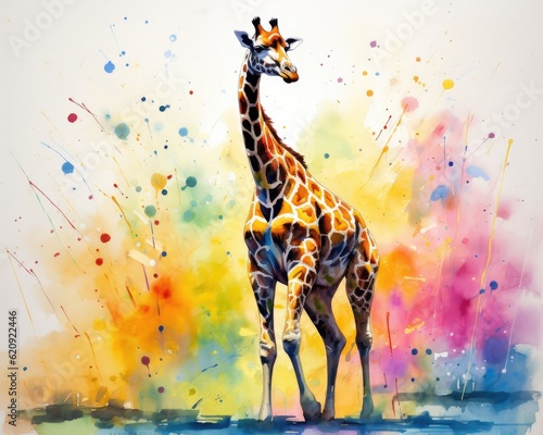 fluidity and unpredictability of watercolors by creating a dynamic and energetic Giraffe print. bold brushstrokes and splashes of color to depict the Giraffe movement and power photo