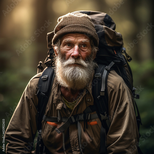 Senior man hiking. Generative AI.