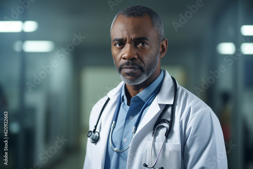Close-up portait of a doctor in a hospital corridor. Serious african-american senior doctor hospital portrait.