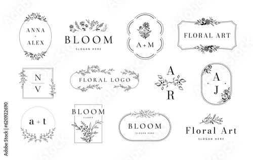 Botanique emblem collection. Floral frames, monogram with blooming flowers and elegant branches. Wedding invitation template vector set