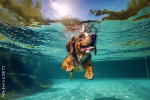 fun dog underwater swimming vacation pool water funny snorkeling puppy. Generative AI.