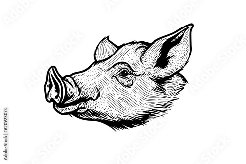 Cute pig or pork head engraving style vector illustration.