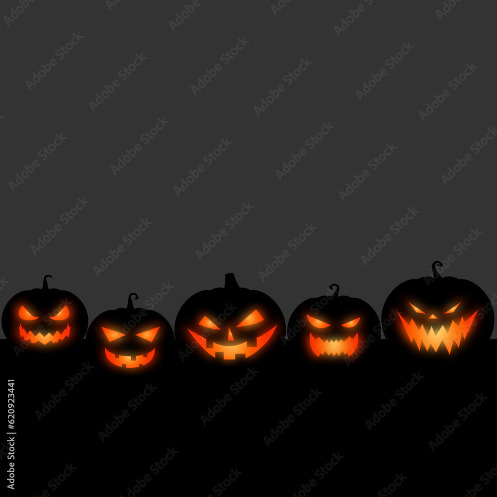 Happy Halloween banner . Halloween party invitation background with pumpkins black glowing eyes black background Happy Halloween banner . Halloween party invitation background with pumpkins black glowing eyes black background