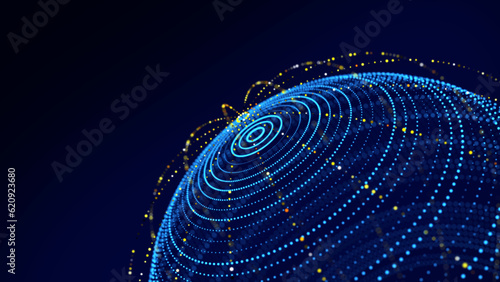 Technology blue sphere with connecting dots and lines. Digital abstract network structure. 3D rendering.