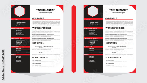 Resume Layout with red and black Accents.