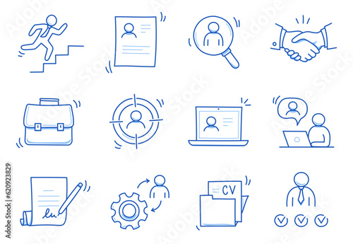 Doodle line icon set work, business job search. Doodle sketch hand drawn style employee search, business work career, company people team icon. Job interview, team person concept. Vector illustration