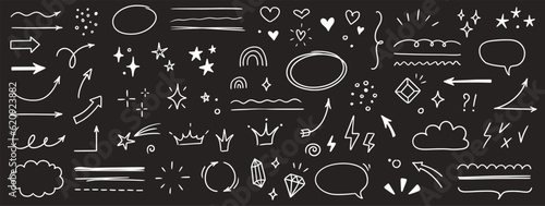 Sketch line arrow element, star, heart shape on chalkboard background. Hand drawn doodle sketch style circle, cloud speech bubble grunge element. Arrow, star, heart decoration. Vector illustration