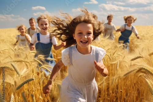 happy kids running in yellow wheat field, ai generated