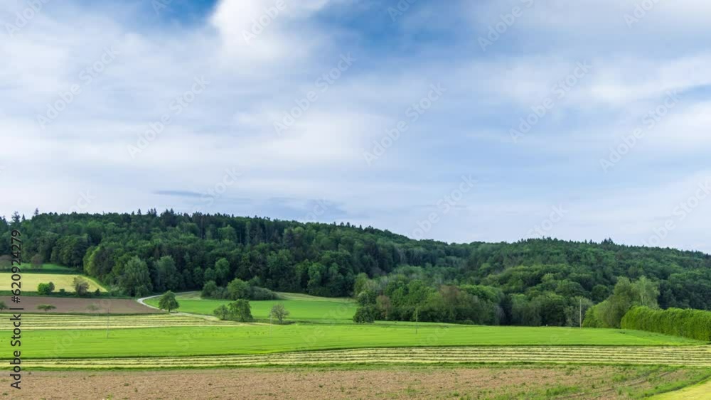 Agricultural fields with crops in the countryside in a hilly valley under a cloudy sky Agricultural fields with crops in the countryside in a hilly valley under a cloudy sky