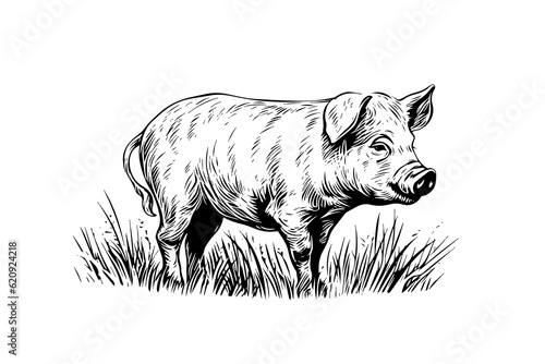 Hand drawn engraved vector picture of village landscape with pigs eat grass in the pasture.