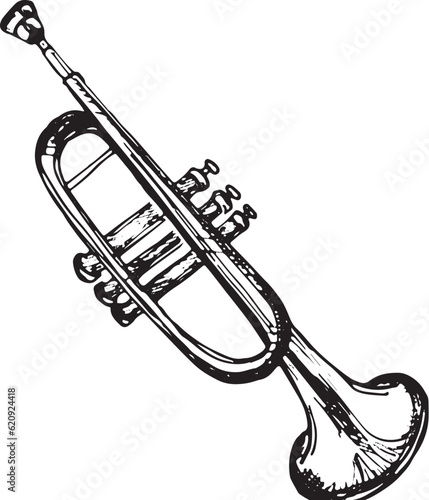 Trumpet jazz musical instrument vector illustration isolated. Horn symphony orchestra woodwind instrument ink hand drawn. Black white element for design wrapping, postcard, brochure, invitation
