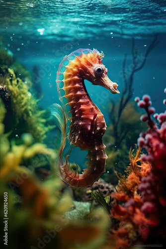 Seahorse in sea depth among multicolored seaweed close up. Vertical format.