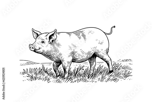 Hand drawn engraved vector picture of village landscape with pigs eat grass in the pasture.