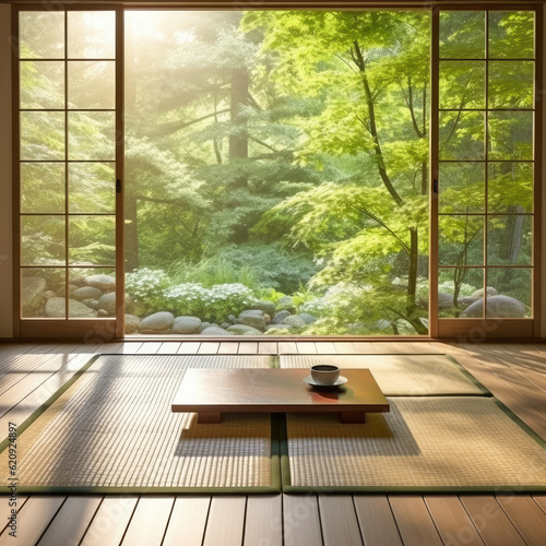 Tranquil Retreat: Serene Japanese Tatami Mat Floor with Sunlit Shoji Window and Green Tree View