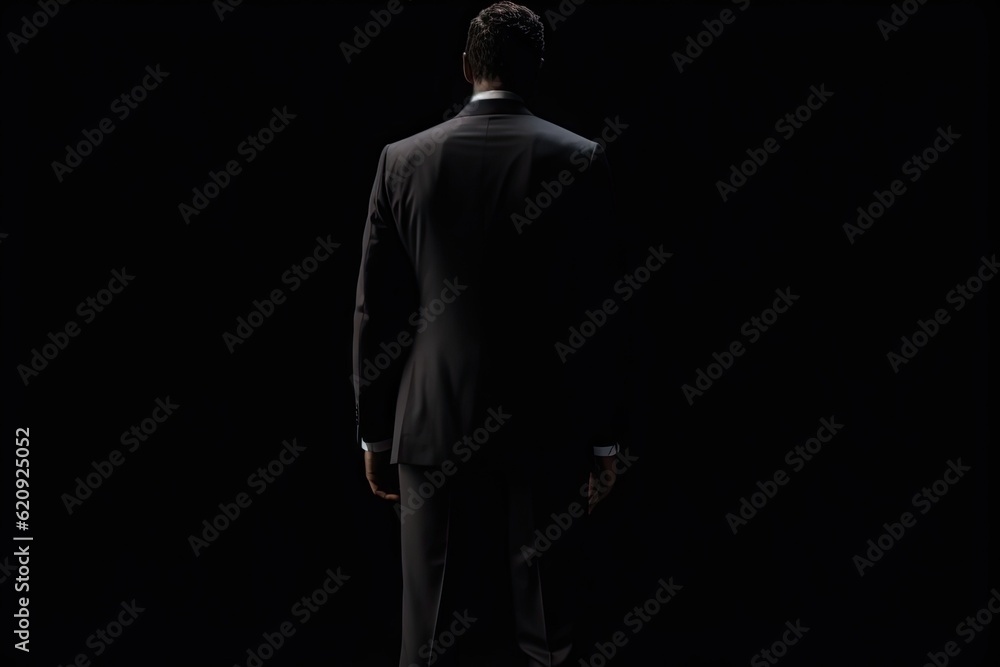 Business Concept. Isolated Businessman in Black Suit on black Background