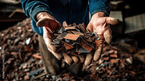 scrap dealer holding pile of junkyard