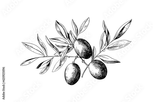 Olive brunch in engraving style element for poster, collage, banner. Vector illustration.