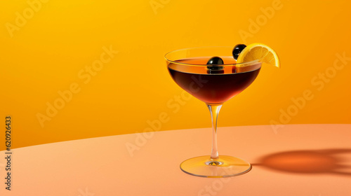 Manhattan Cocktail on colorful background. Copy Space on the side. Generative AI.