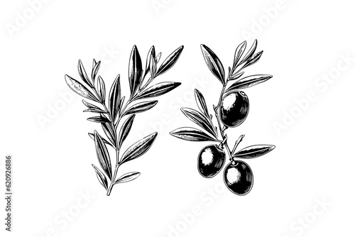 Olive brunch in engraving style element for poster, collage, banner. Vector illustration.
