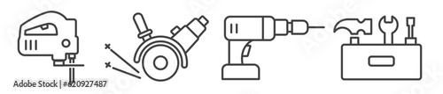 Toolkit - Power tools vector thin line icon collection on white background