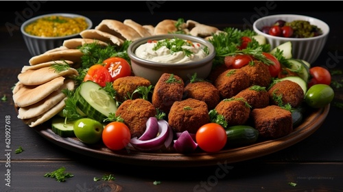 Falafel with hummus and fresh vegetables on a wooden background