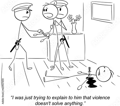Murderer Talking About Morale , Vector Gag Cartoon Stick Figure Illustration